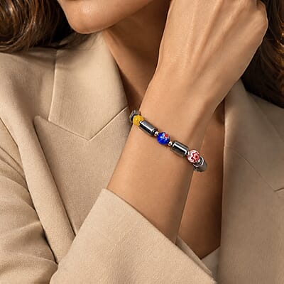 Terahertz and Murano Glass 50.00 ctw Beaded Stretch Bracelet in Silvertone (6.5-7In)