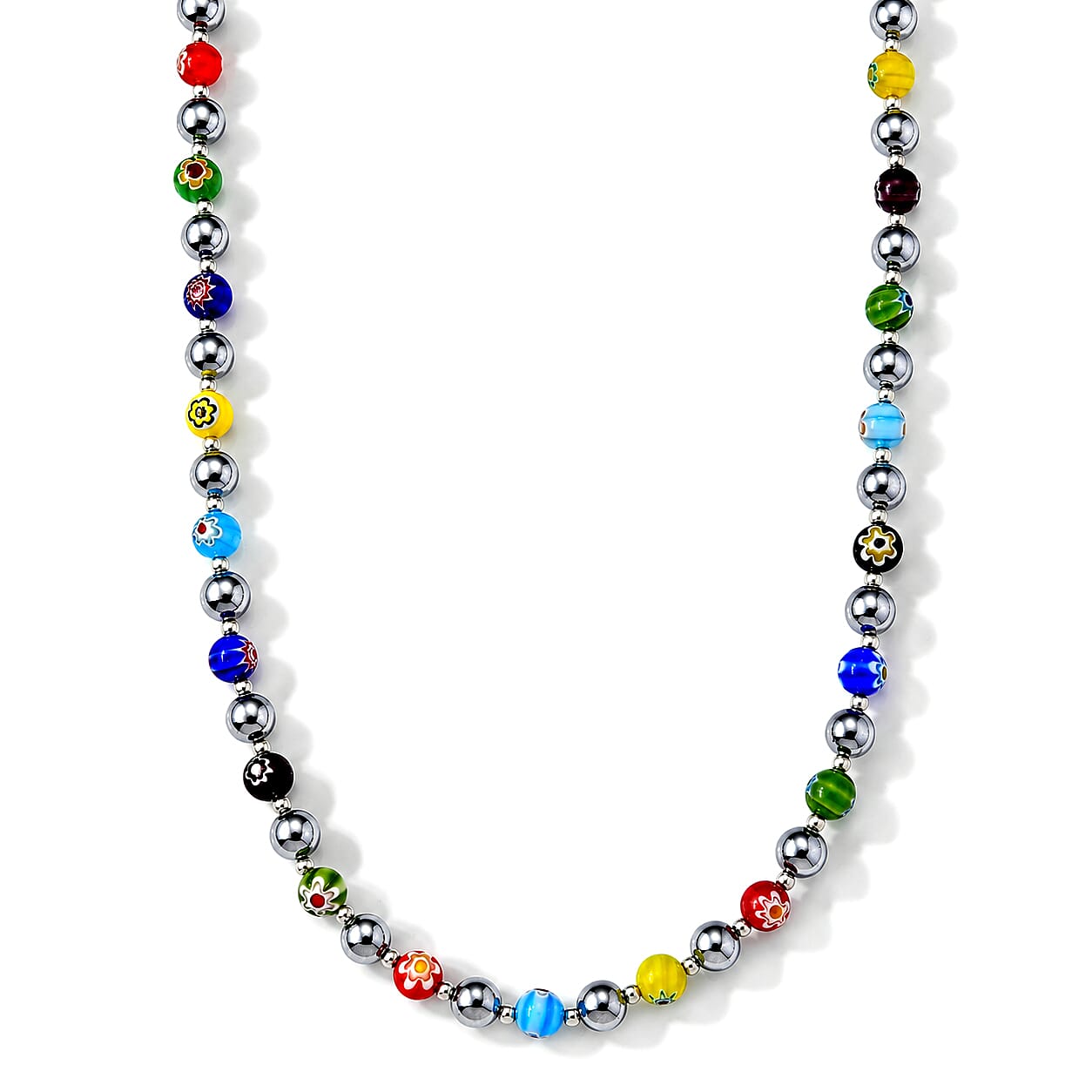 Terahertz and Murano Glass 120.00 ctw Beaded Necklace in Silvertone and Stainless Steel 24-26 Inches