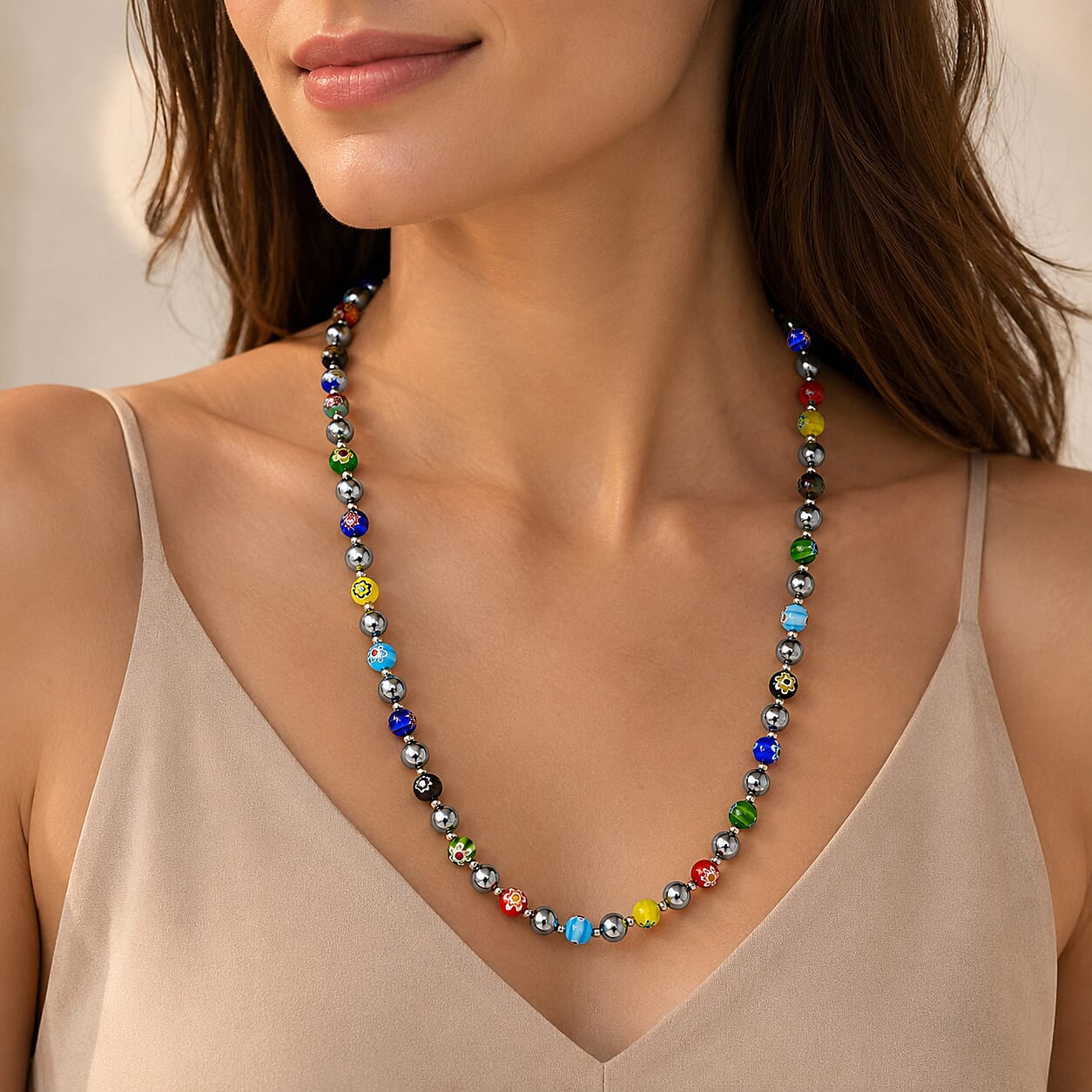 Terahertz and Murano Glass 120.00 ctw Beaded Necklace in Silvertone and Stainless Steel 24-26 Inches