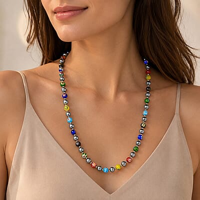 Terahertz and Murano Glass 120.00 ctw Beaded Necklace in Silvertone and Stainless Steel 24-26 Inches