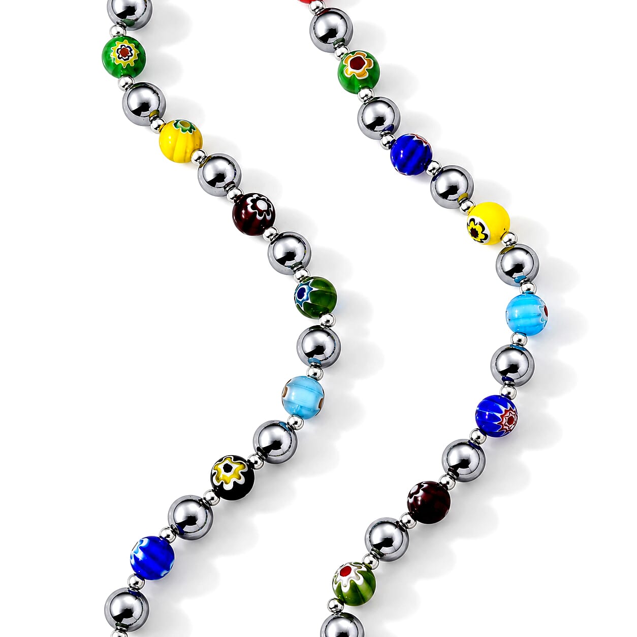 Terahertz and Murano Glass 120.00 ctw Beaded Necklace in Silvertone and Stainless Steel 24-26 Inches