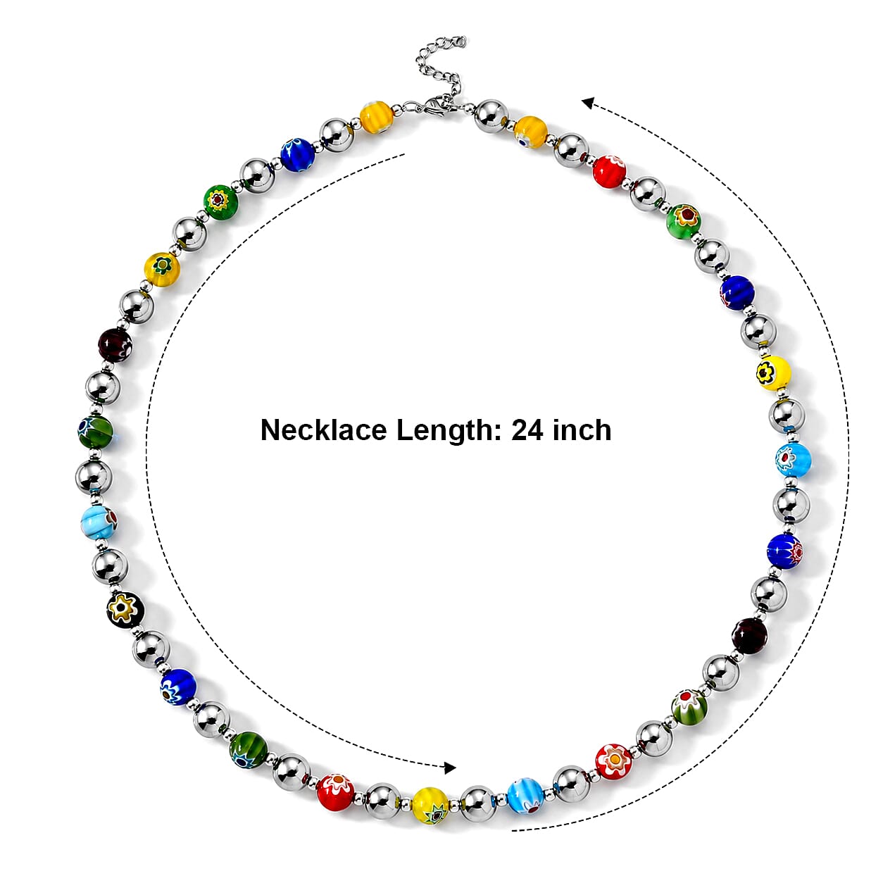 Terahertz and Murano Glass 120.00 ctw Beaded Necklace in Silvertone and Stainless Steel 24-26 Inches