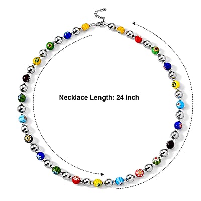 Terahertz and Murano Glass 120.00 ctw Beaded Necklace in Silvertone and Stainless Steel 24-26 Inches