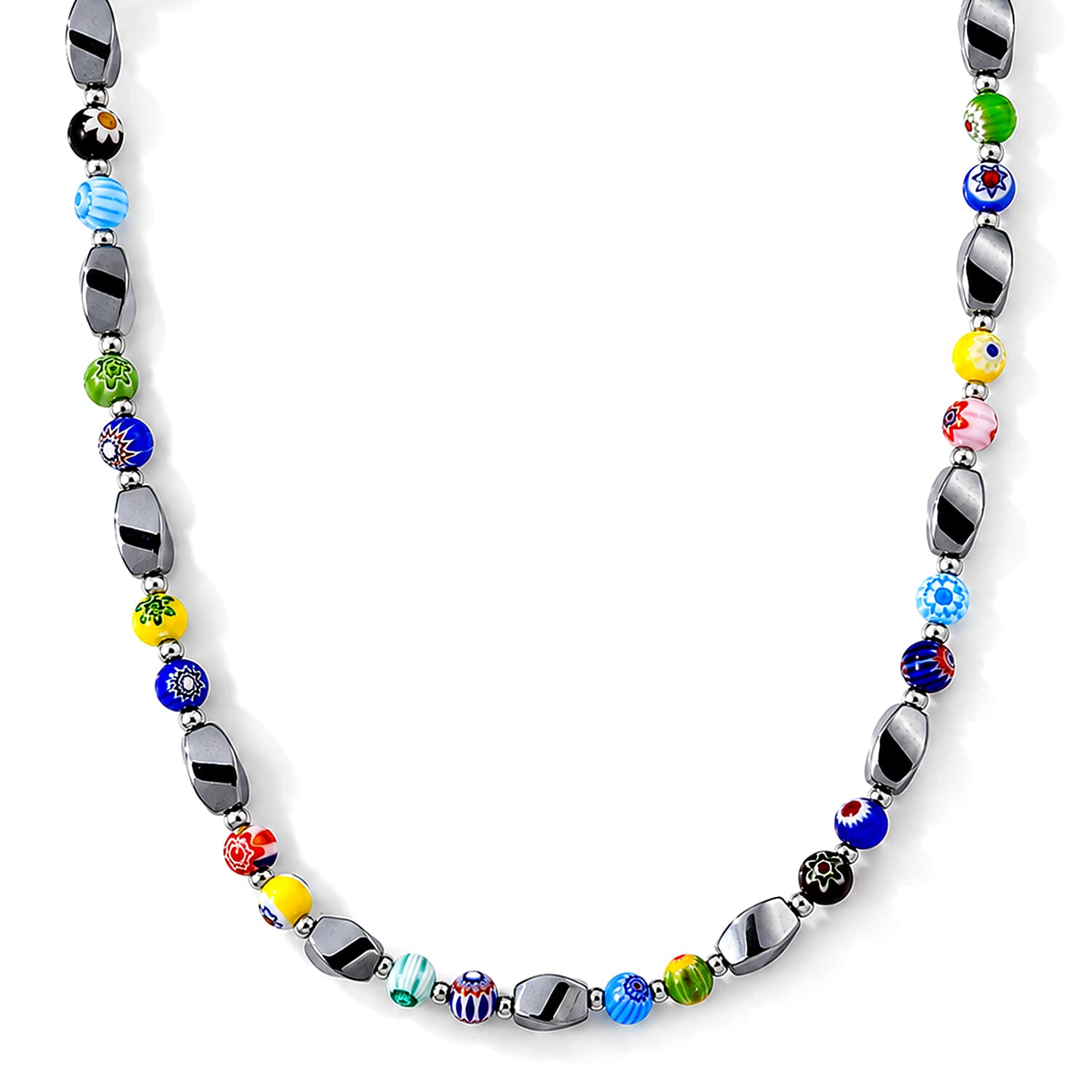 Terahertz and Murano Glass 100.00 ctw Beaded Necklace in Silvertone and Stainless Steel 25-27 Inches