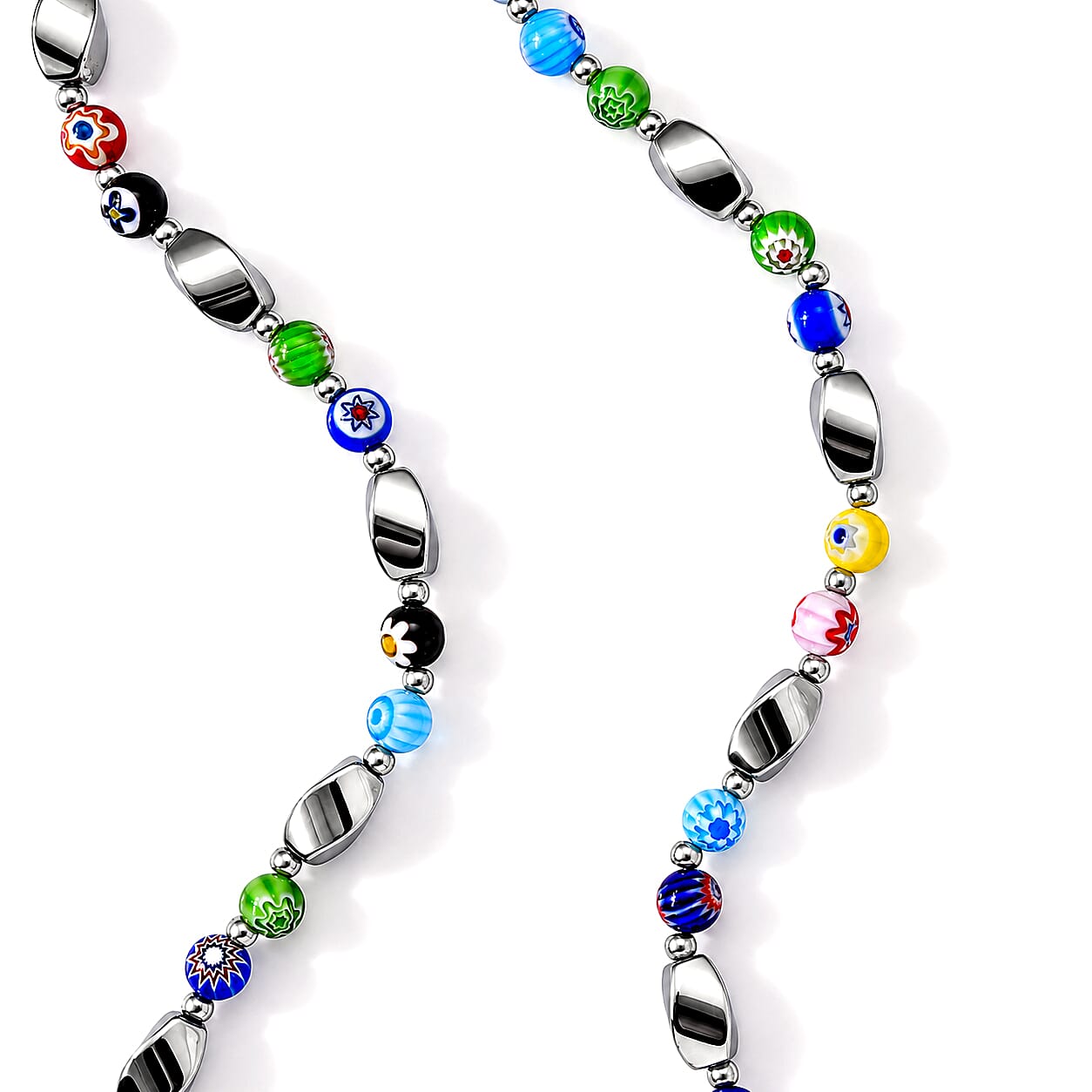 Terahertz and Murano Glass 100.00 ctw Beaded Necklace in Silvertone and Stainless Steel 25-27 Inches