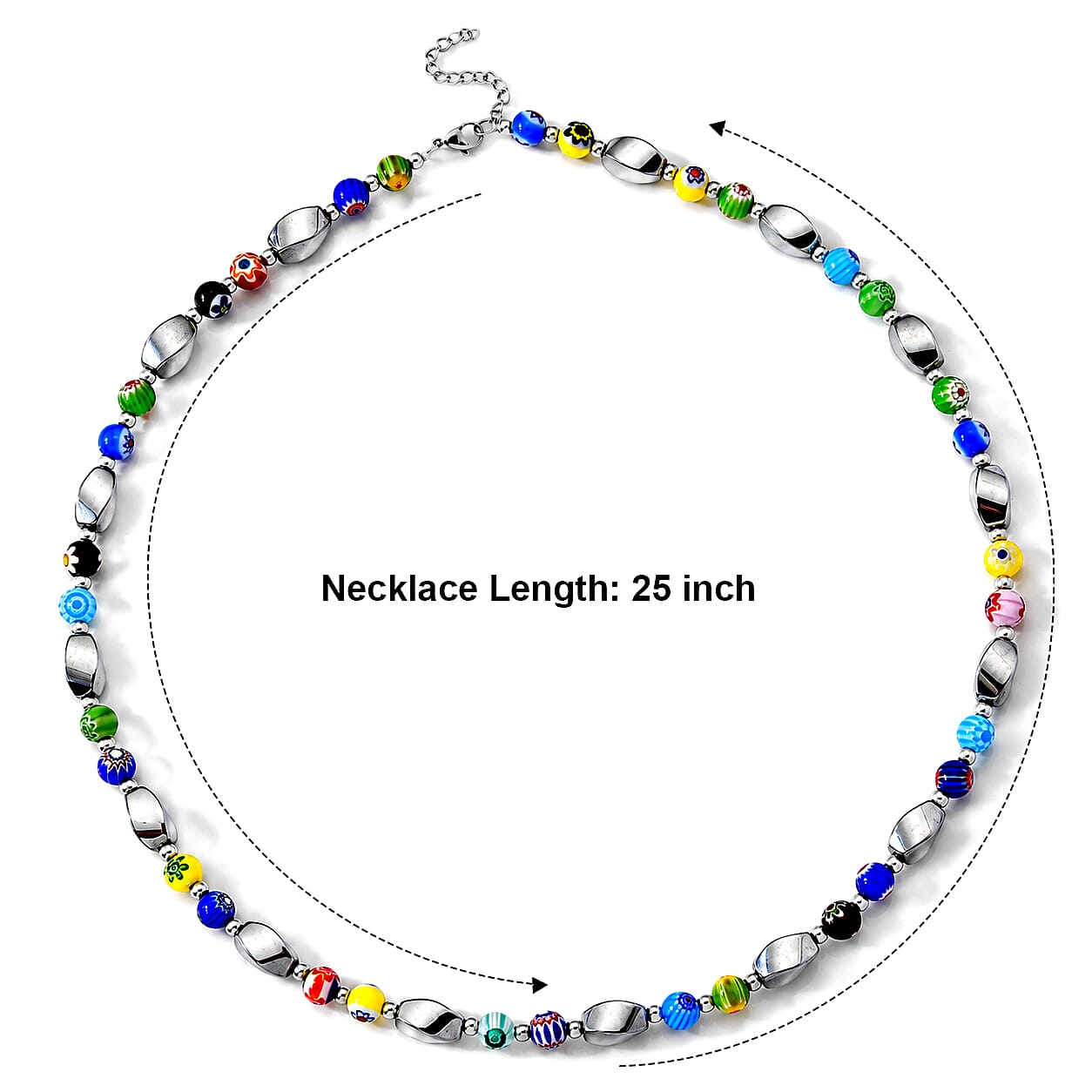Terahertz and Murano Glass 100.00 ctw Beaded Necklace in Silvertone and Stainless Steel 25-27 Inches