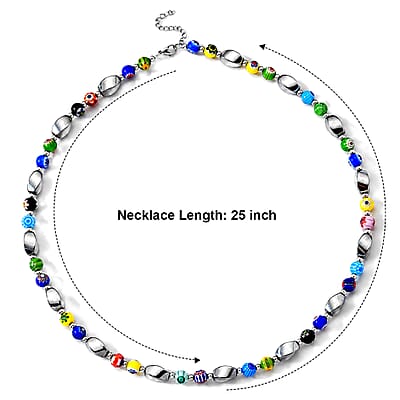 Terahertz and Murano Glass 100.00 ctw Beaded Necklace in Silvertone and Stainless Steel 25-27 Inches