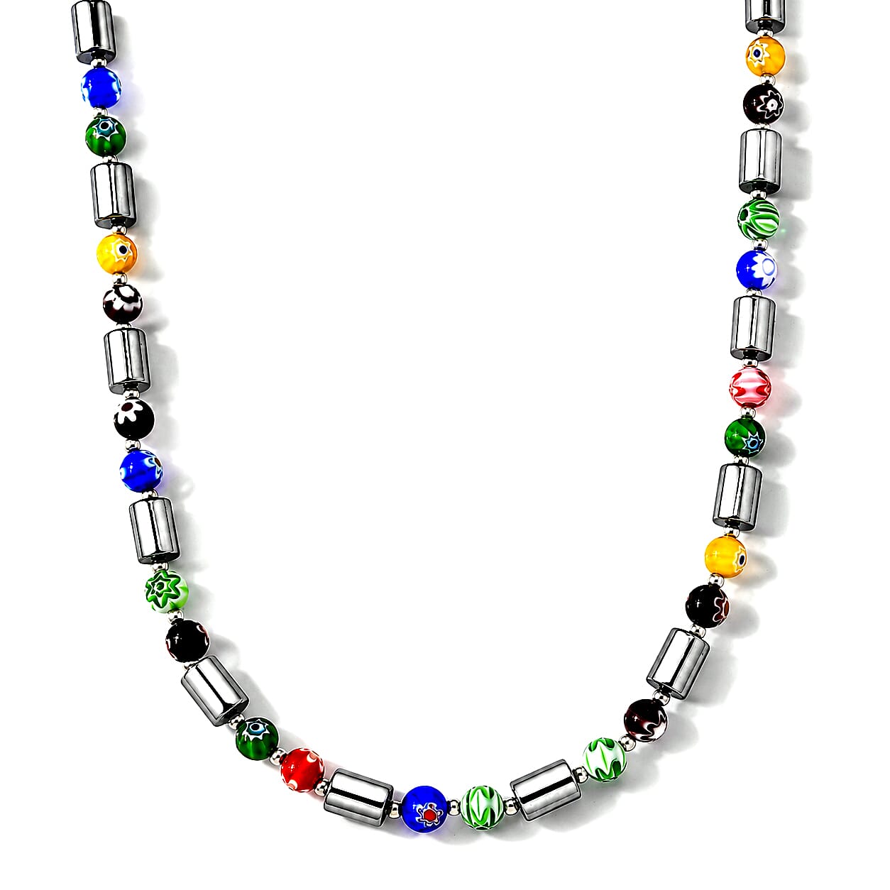 Terahertz and Murano Glass 150.00 ctw Beaded Necklace in Silvertone and Stainless Steel 25-27 Inches