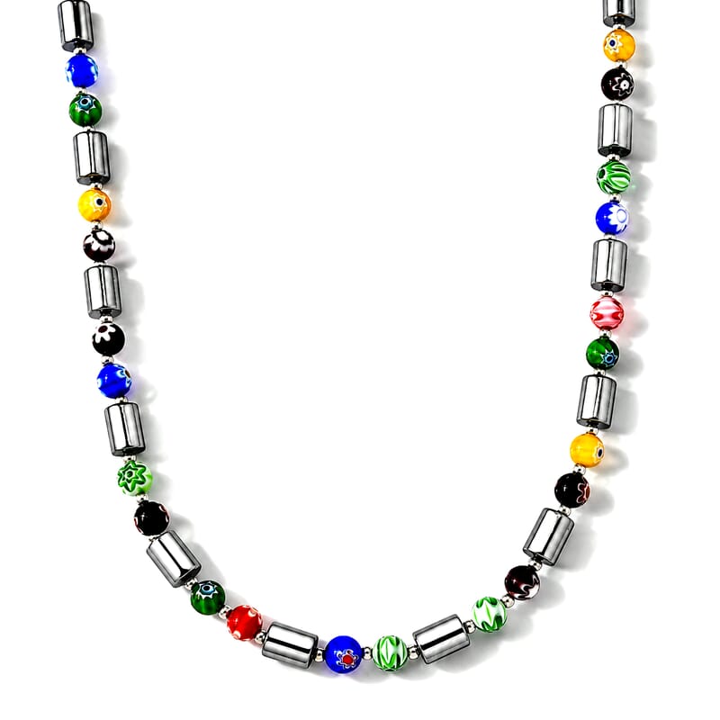 Terahertz and Murano Glass 150.00 ctw Beaded Necklace in Silvertone and Stainless Steel 25-27 Inches