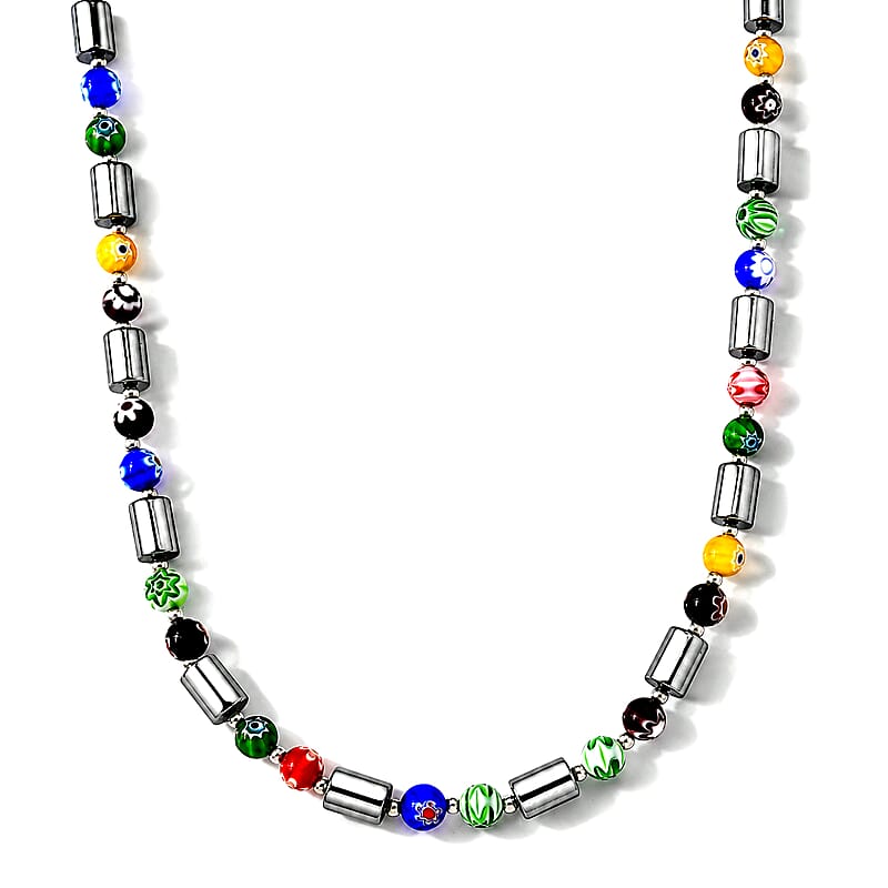 Terahertz and Murano Glass 150.00 ctw Beaded Necklace in Silvertone and Stainless Steel 25-27 Inches