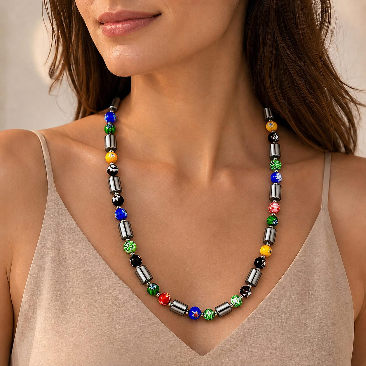 Terahertz and Murano Glass 150.00 ctw Beaded Necklace in Silvertone and Stainless Steel 25-27 Inches