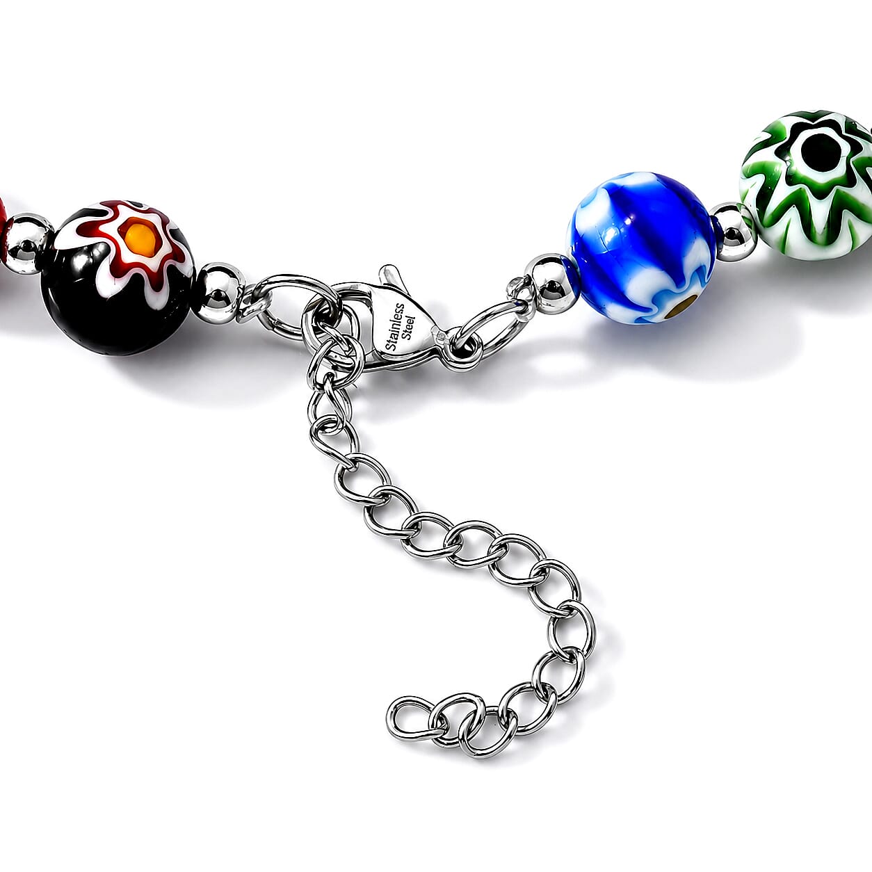 Terahertz and Murano Glass 150.00 ctw Beaded Necklace in Silvertone and Stainless Steel 25-27 Inches