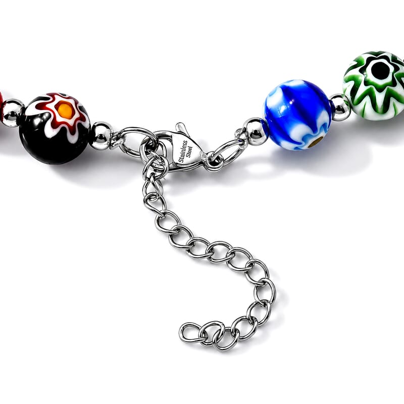 Terahertz and Murano Glass 150.00 ctw Beaded Necklace in Silvertone and Stainless Steel 25-27 Inches