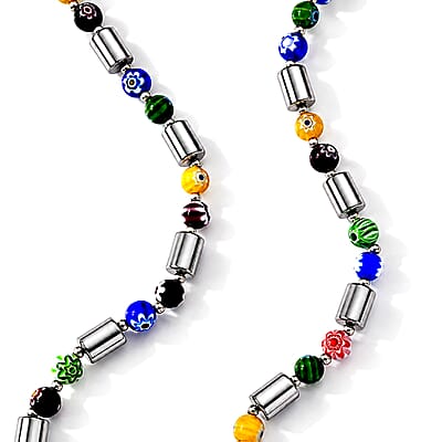 Terahertz and Murano Glass 150.00 ctw Beaded Necklace in Silvertone and Stainless Steel 25-27 Inches