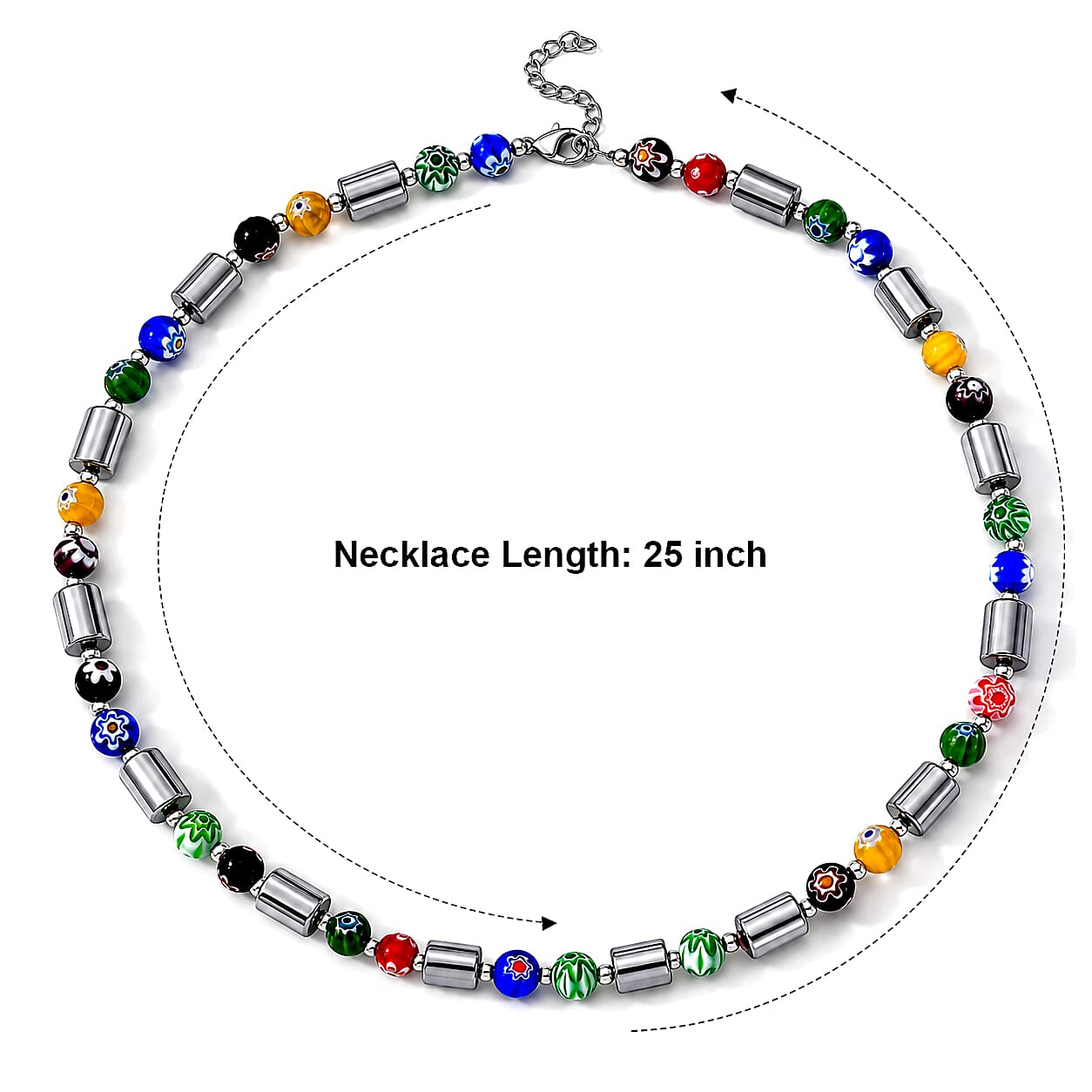 Terahertz and Murano Glass 150.00 ctw Beaded Necklace in Silvertone and Stainless Steel 25-27 Inches