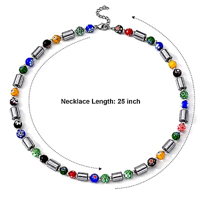 Terahertz and Murano Glass 150.00 ctw Beaded Necklace in Silvertone and Stainless Steel 25-27 Inches