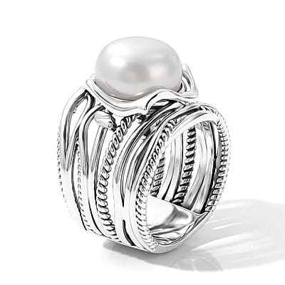 D'Joy Passport to Israel Artisan Crafted Freshwater Pearl 12mm Ring in Sterling Silver (Size 6.0)