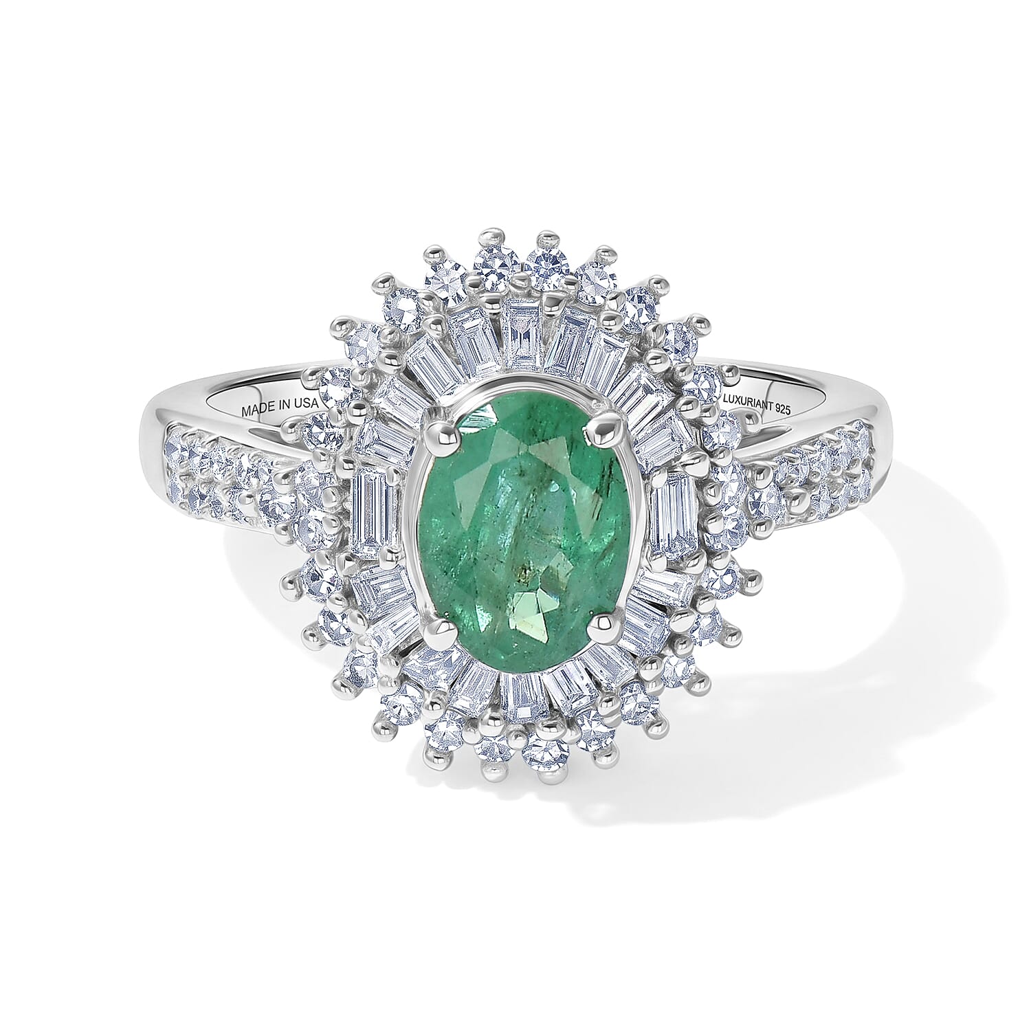 AAA Kagem Zambian Emerald and Luxuriant Lab Grown Diamond G-H SI 1.80 ctw in Rhodium Over Sterling Silver (Size 6.0)