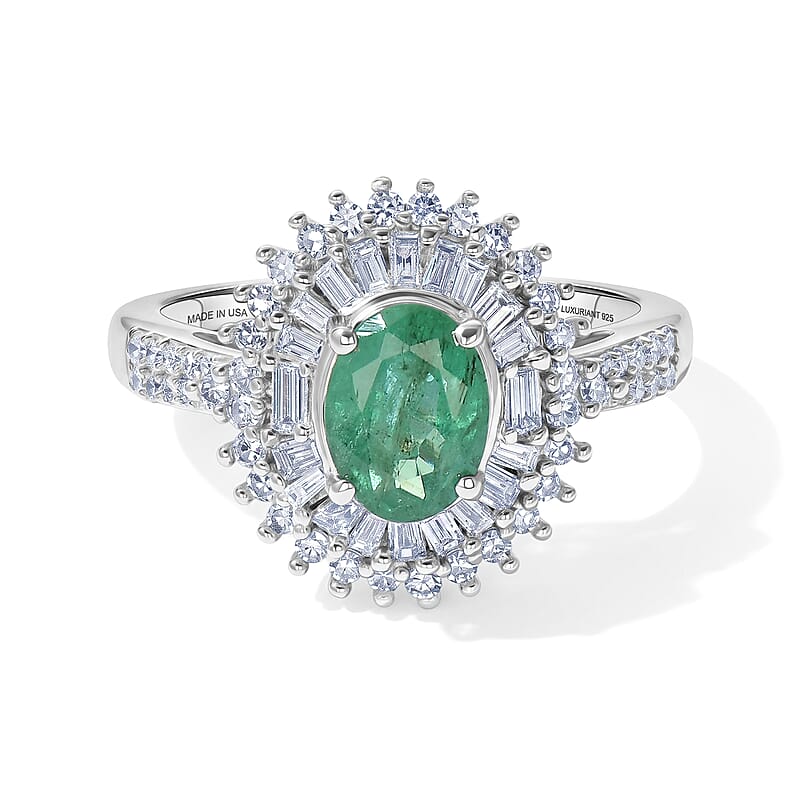 AAA Kagem Zambian Emerald and Luxuriant Lab Grown Diamond G-H SI 1.80 ctw in Rhodium Over Sterling Silver (Size 6.0)