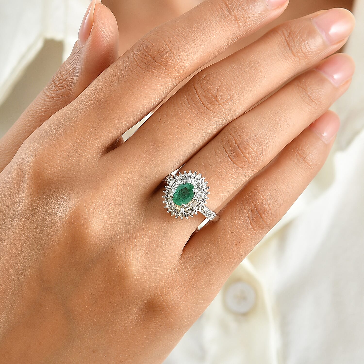 AAA Kagem Zambian Emerald and Luxuriant Lab Grown Diamond G-H SI 1.80 ctw in Rhodium Over Sterling Silver (Size 6.0)