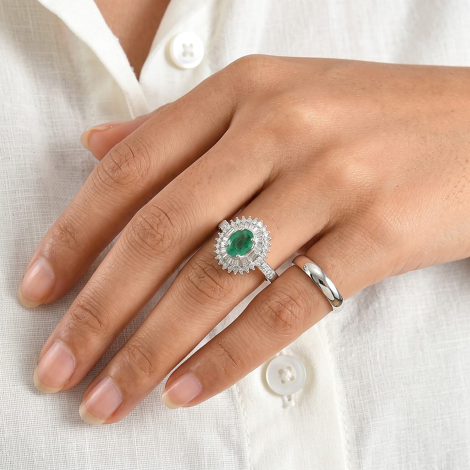 AAA Kagem Zambian Emerald and Luxuriant Lab Grown Diamond G-H SI 1.80 ctw in Rhodium Over Sterling Silver (Size 6.0)