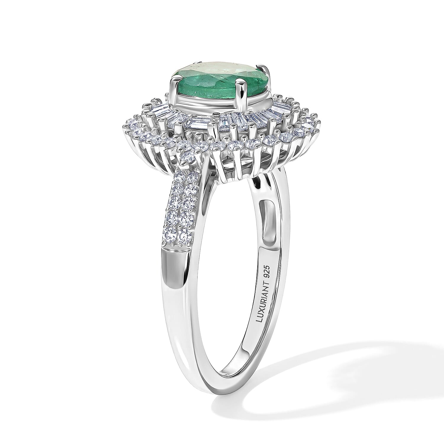 AAA Kagem Zambian Emerald and Luxuriant Lab Grown Diamond G-H SI 1.80 ctw in Rhodium Over Sterling Silver (Size 6.0)