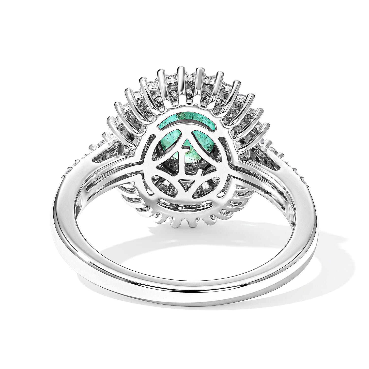 AAA Kagem Zambian Emerald and Luxuriant Lab Grown Diamond G-H SI 1.80 ctw in Rhodium Over Sterling Silver (Size 6.0)