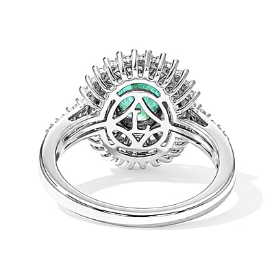 AAA Kagem Zambian Emerald and Luxuriant Lab Grown Diamond G-H SI 1.80 ctw in Rhodium Over Sterling Silver (Size 6.0)