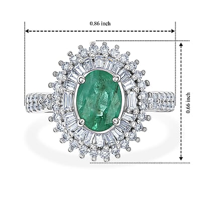 AAA Kagem Zambian Emerald and Luxuriant Lab Grown Diamond G-H SI 1.80 ctw in Rhodium Over Sterling Silver (Size 6.0)