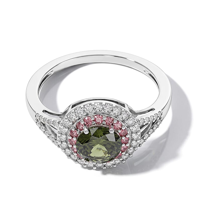 Luxuriant Lab Grown Green, Pink and White Diamond (IR) VS 1.50 ctw Verdant Blush Halo Ring in Rhodium Over Sterling Silver (Size 6.0)