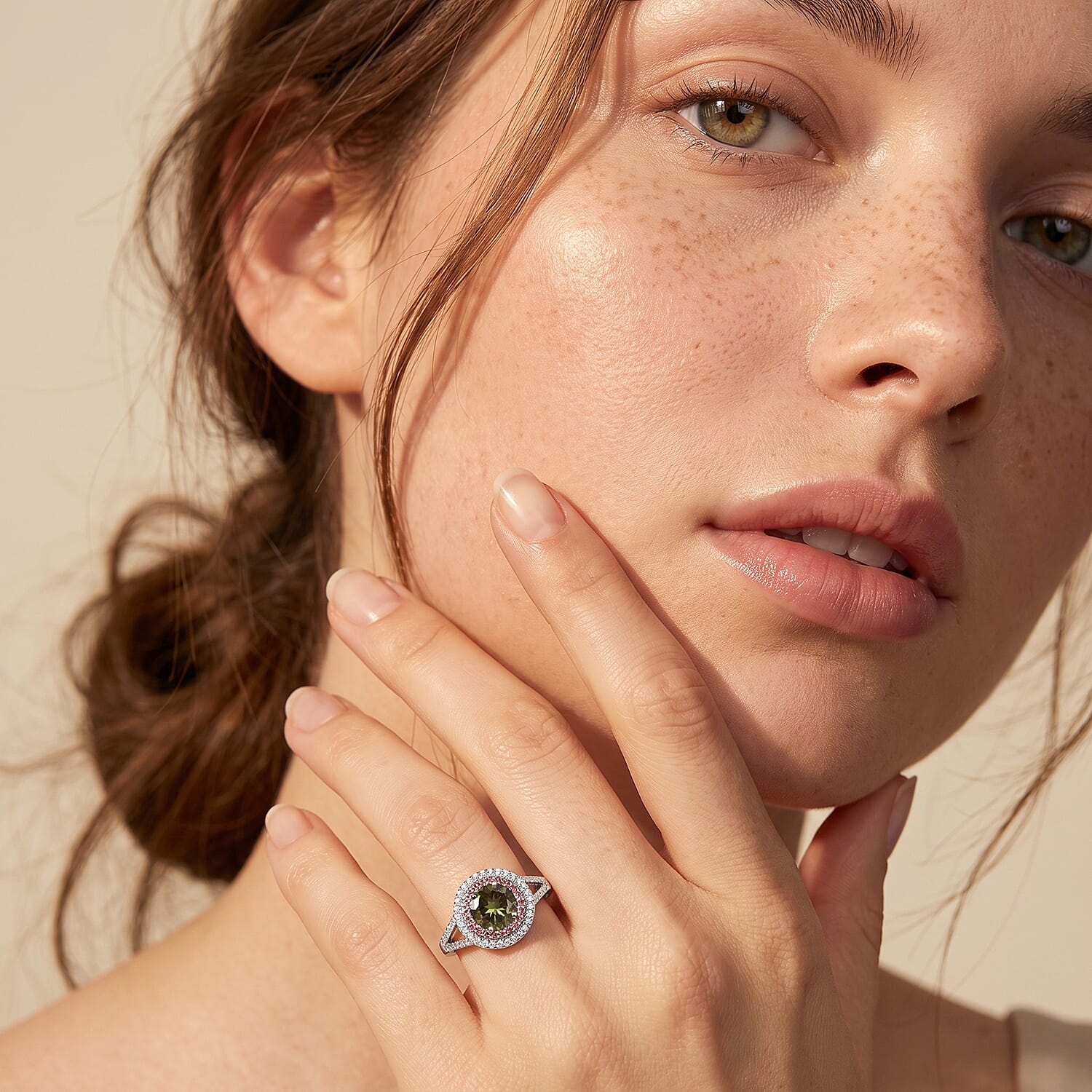 Luxuriant Lab Grown Green, Pink and White Diamond (IR) VS 1.50 ctw Verdant Blush Halo Ring in Rhodium Over Sterling Silver (Size 6.0)