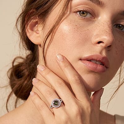 Luxuriant Lab Grown Green, Pink and White Diamond (IR) VS 1.50 ctw Verdant Blush Halo Ring in Rhodium Over Sterling Silver (Size 6.0)