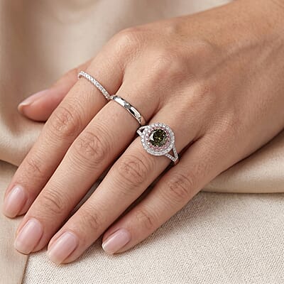 Luxuriant Lab Grown Green, Pink and White Diamond (IR) VS 1.50 ctw Verdant Blush Halo Ring in Rhodium Over Sterling Silver (Size 6.0)