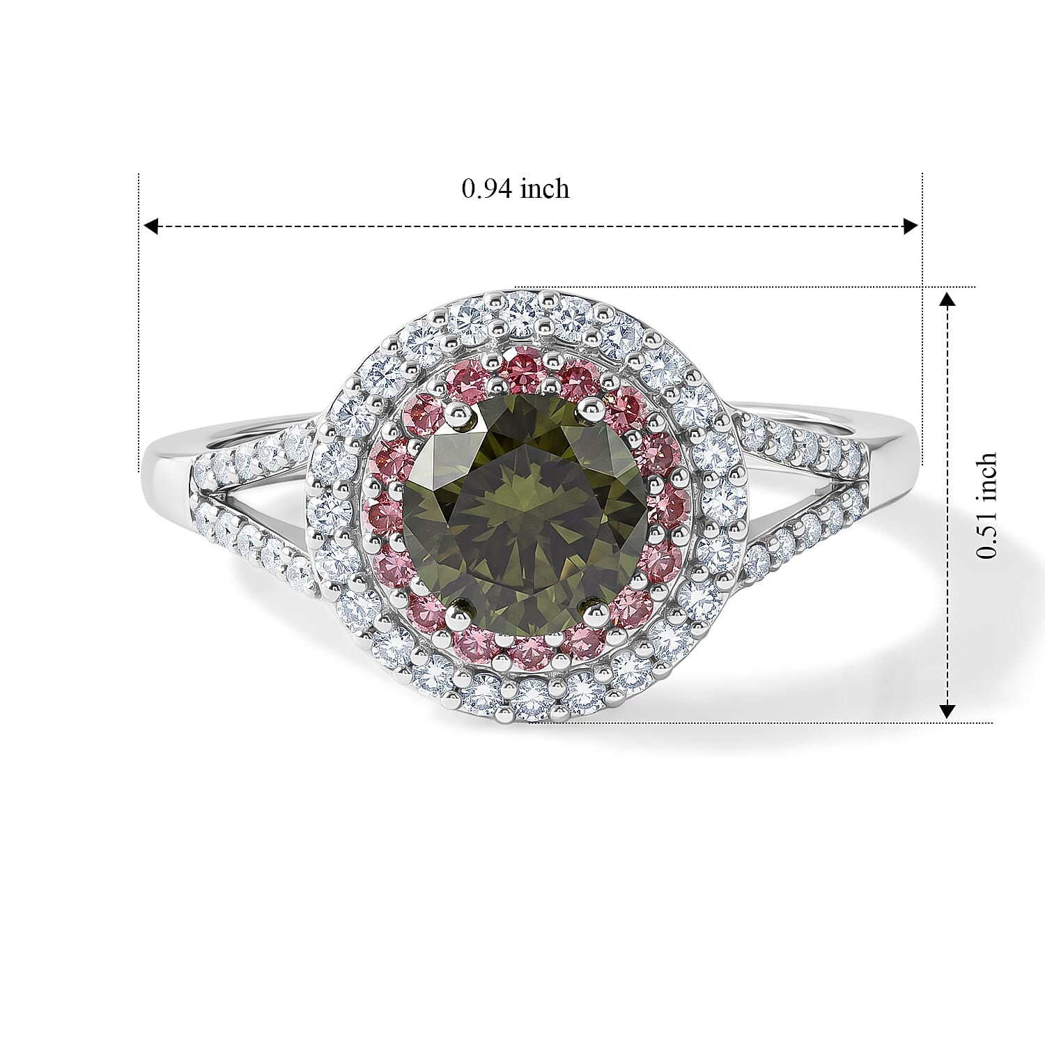 Luxuriant Lab Grown Green, Pink and White Diamond (IR) VS 1.50 ctw Verdant Blush Halo Ring in Rhodium Over Sterling Silver (Size 6.0)