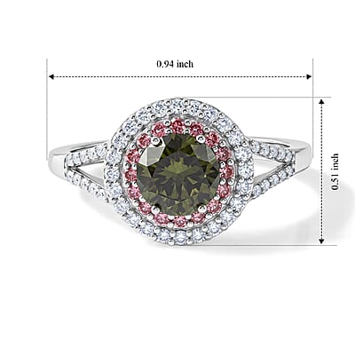 Luxuriant Lab Grown Green, Pink and White Diamond (IR) VS 1.50 ctw Verdant Blush Halo Ring in Rhodium Over Sterling Silver (Size 6.0)