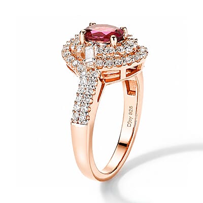 Certified & Appraised D'Joy Premium Pink Tourmaline and Moissanite 1.60 ctw Ring in 18K Vermeil Rose Gold Over Sterling Silver (Size 6.0)