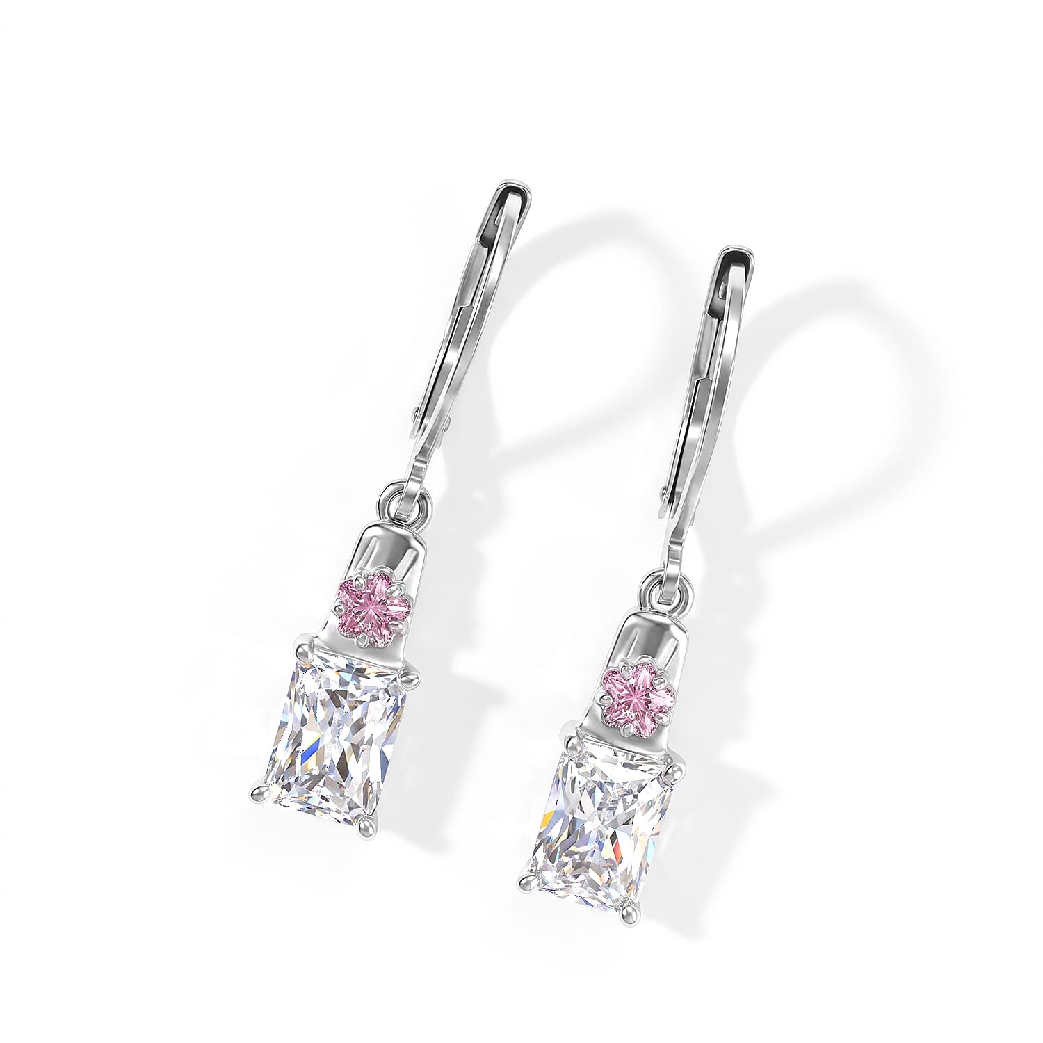 EverTrue Simulated White and Pink Diamond Lever Back Earrings in Platinum Bond