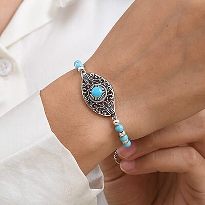 D'Joy Passport to Turkey Artisan Crafted Sleeping Beauty Turquoise and Blue Turquoise 9.90 ctw Bracelet in Sterling Silver (7.25-8.25In)