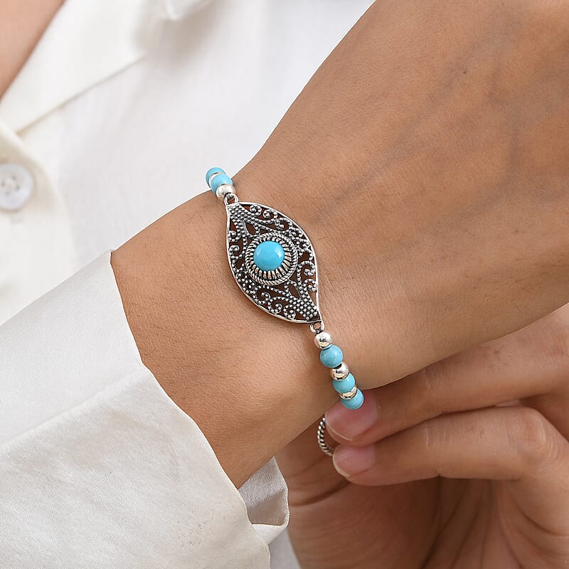 D'Joy Passport to Turkey Artisan Crafted Sleeping Beauty Turquoise and Blue Turquoise 9.90 ctw Bracelet in Sterling Silver (7.25-8.25In)