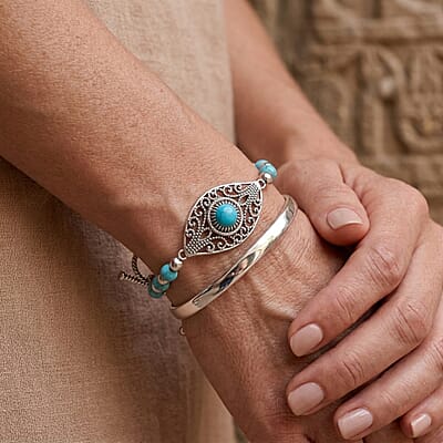 D'Joy Passport to Turkey Artisan Crafted Sleeping Beauty Turquoise and Blue Turquoise 9.90 ctw Bracelet in Sterling Silver (7.25-8.25In)