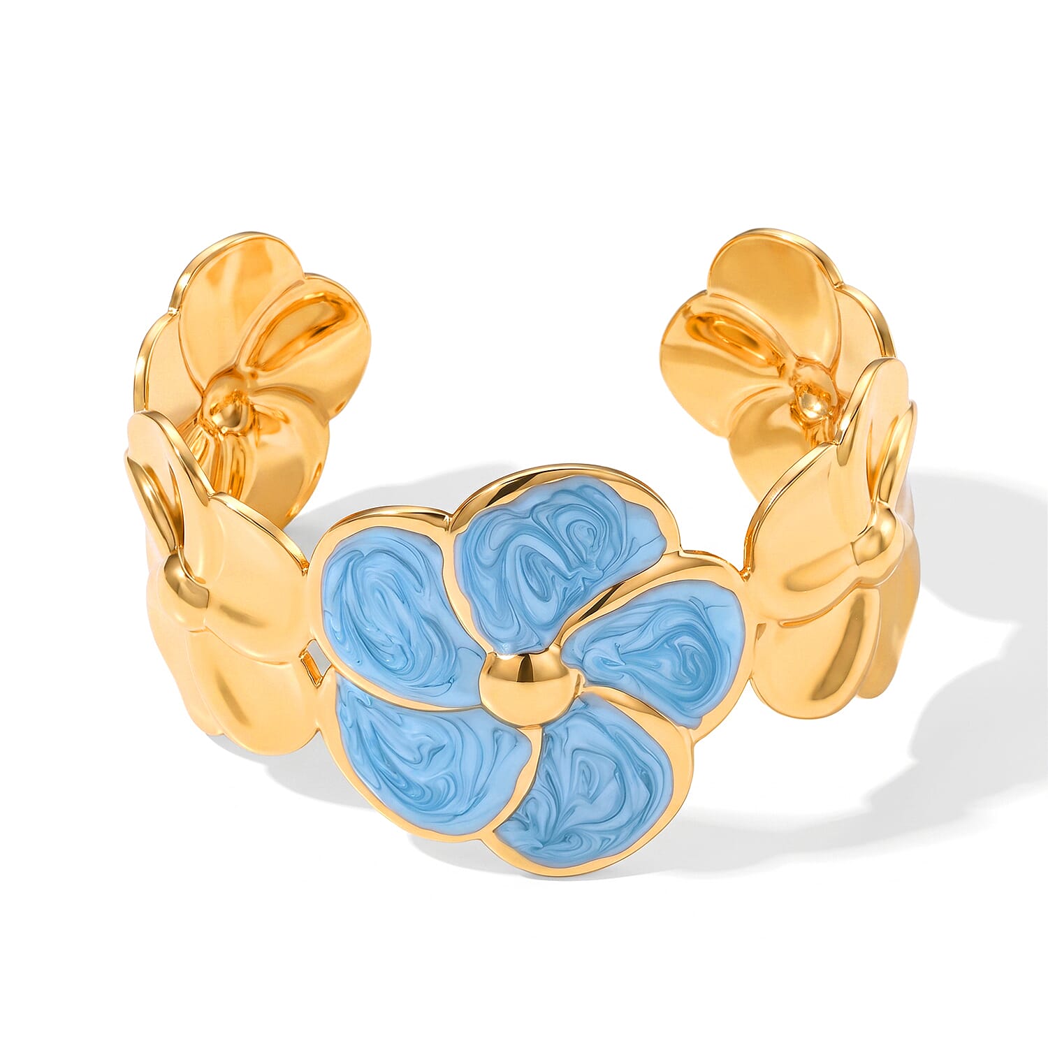 Fashionable Blue Enameled Flower Cuff Bracelet in ION Plated YG Stainless Steel (6.5-7.5In)