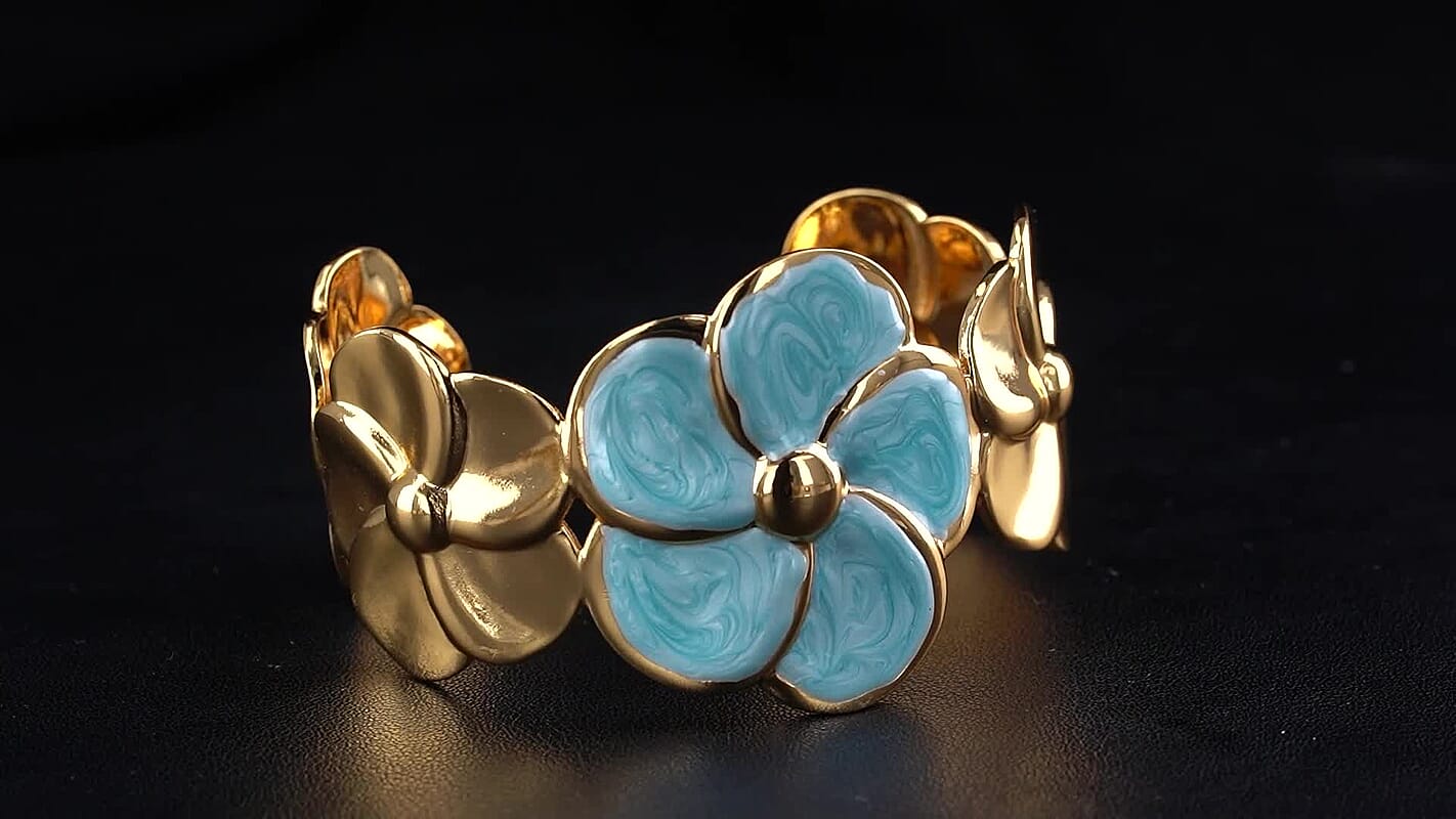 Blue Enameled Flower Cuff Bracelet in ION Plated YG Stainless Steel (6.5-7.5In)