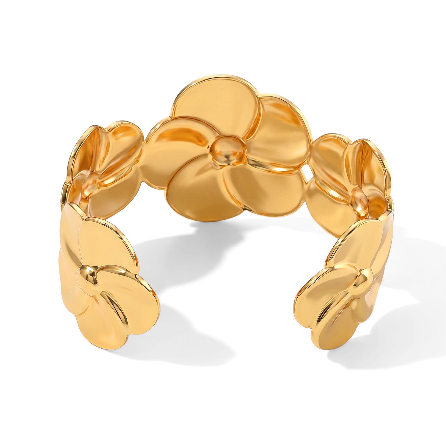 Fashionable Blue Enameled Flower Cuff Bracelet in ION Plated YG Stainless Steel (6.5-7.5In)