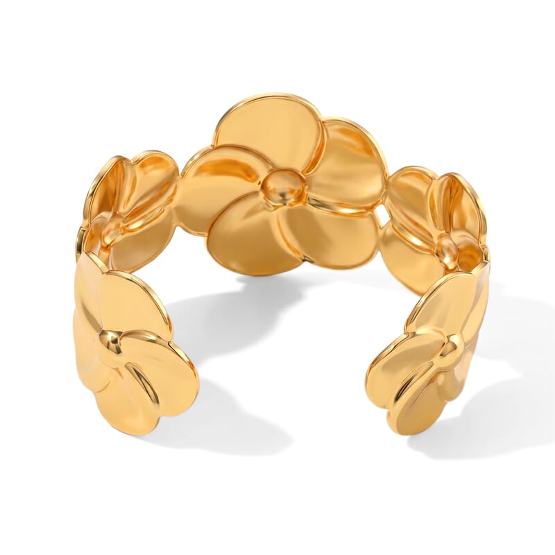 Fashionable Blue Enameled Flower Cuff Bracelet in ION Plated YG Stainless Steel (6.5-7.5In)