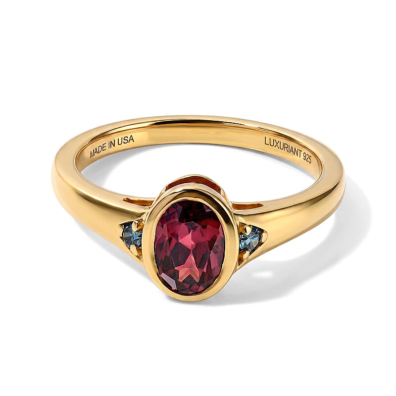 AAA Red Zircon and Luxuriant Lab Grown Blue Diamond IR SI 1.00 ctw Ring in 18K Vermeil Yellow Gold Over Sterling Silver (Size 5.0)