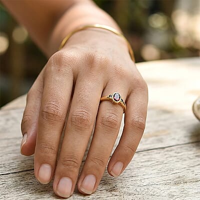 AAA Red Zircon and Luxuriant Lab Grown Blue Diamond IR SI 1.00 ctw Ring in 18K Vermeil Yellow Gold Over Sterling Silver (Size 5.0)