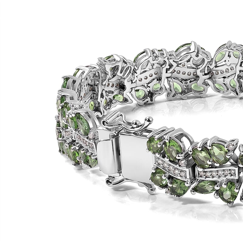 D'Joy Premium Tanzanian Natural Green Apatite and Moissanite 17.00 ctw Bracelet in Rhodium Over Sterling Silver (7.25 In)