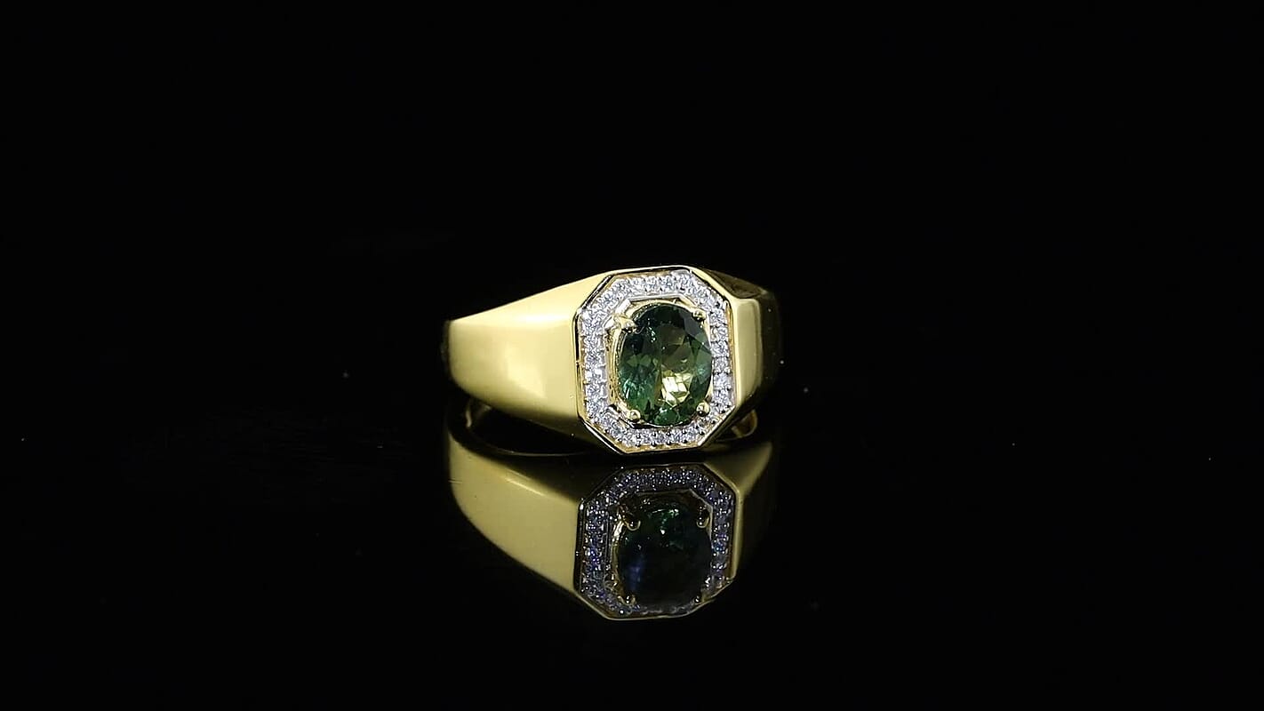 D''Joy Premium Tanzanian Natural Green Apatite, Moissanite Men''s Ring in 18K Vermeil YG Over Sterling Silver (Size 12.0) 2.10 ctw
