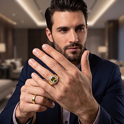 D'Joy Premium Natural Green Apatite and Moissanite 1.85 ctw Men's Ring in 18K Vermeil Yellow Gold Over Sterling Silver (Size 9.0)