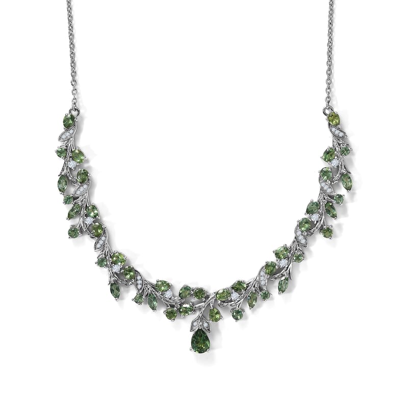 D'Joy Premium Natural Green Apatite and Moissanite 7.70 ctw Forest Whisper Necklace in Rhodium Over Sterling Silver